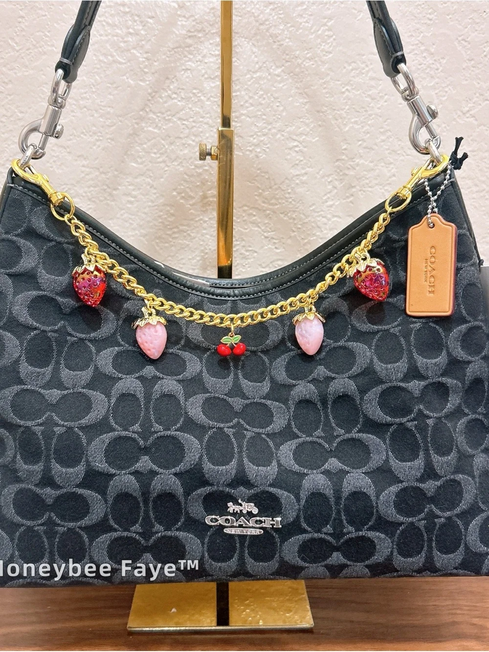 Coach laurel Black denim Signature Canvas Hobo with a free Strawberry Chain